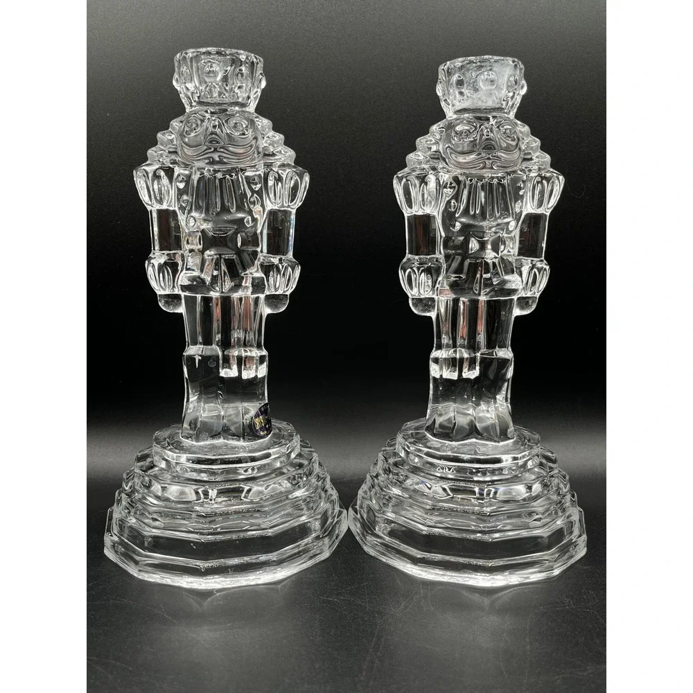 Vtg Pair Crystal Nutcracker Soldier Taper Candle Holders Lead Glass 8